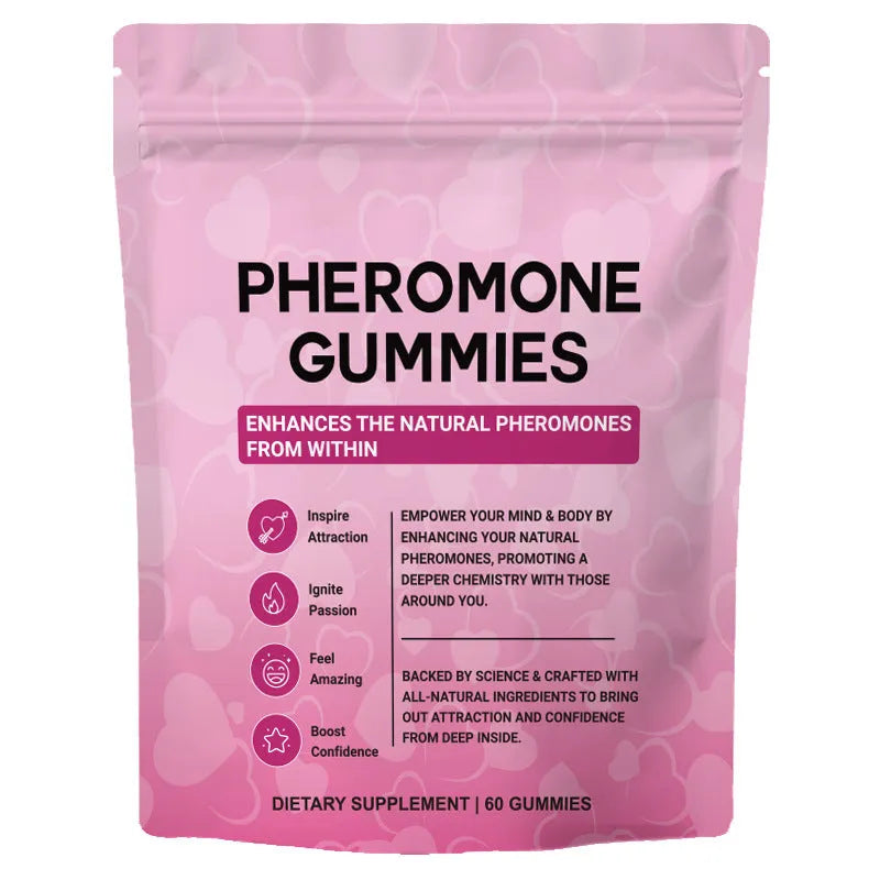 60 edible pheromone gummy tablets in household packaging for adult consumption