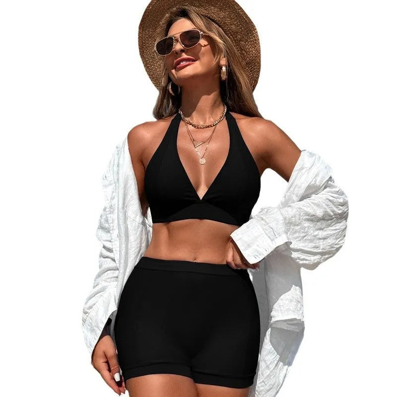 Women's two-piece sleeveless bikini swimsuit in nylon fabric on a mannequin.