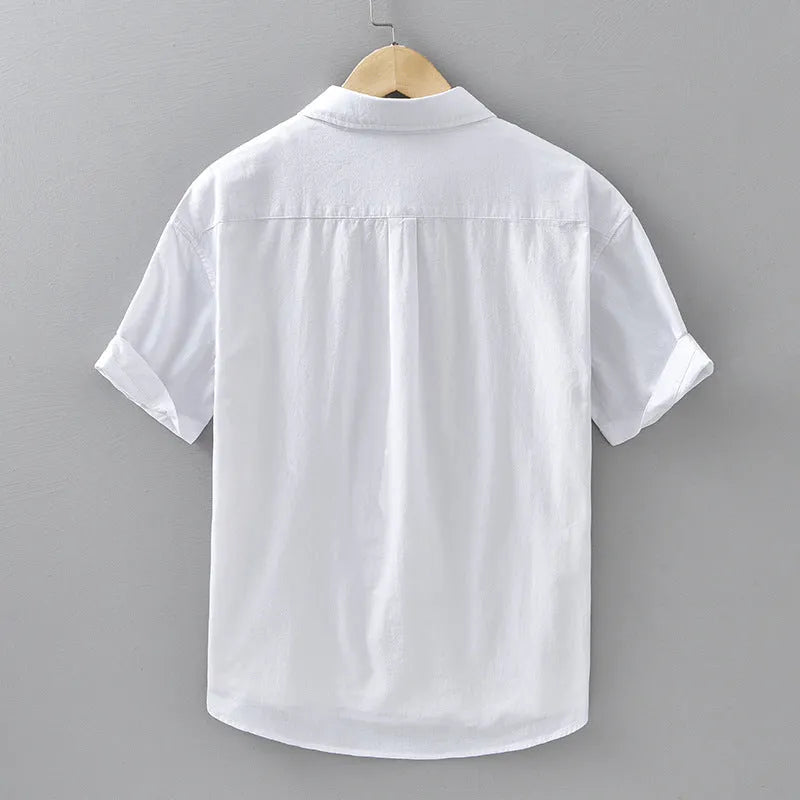 Men's light grey short sleeve cotton shirt with cardigan style and loose fit for summer casual wear