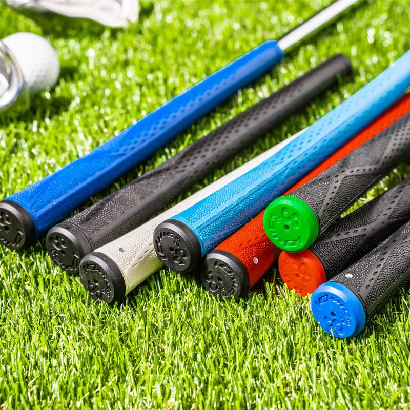 TPE golf club grip shown in a selection of available colours including pink, blue, and black with coloured head.