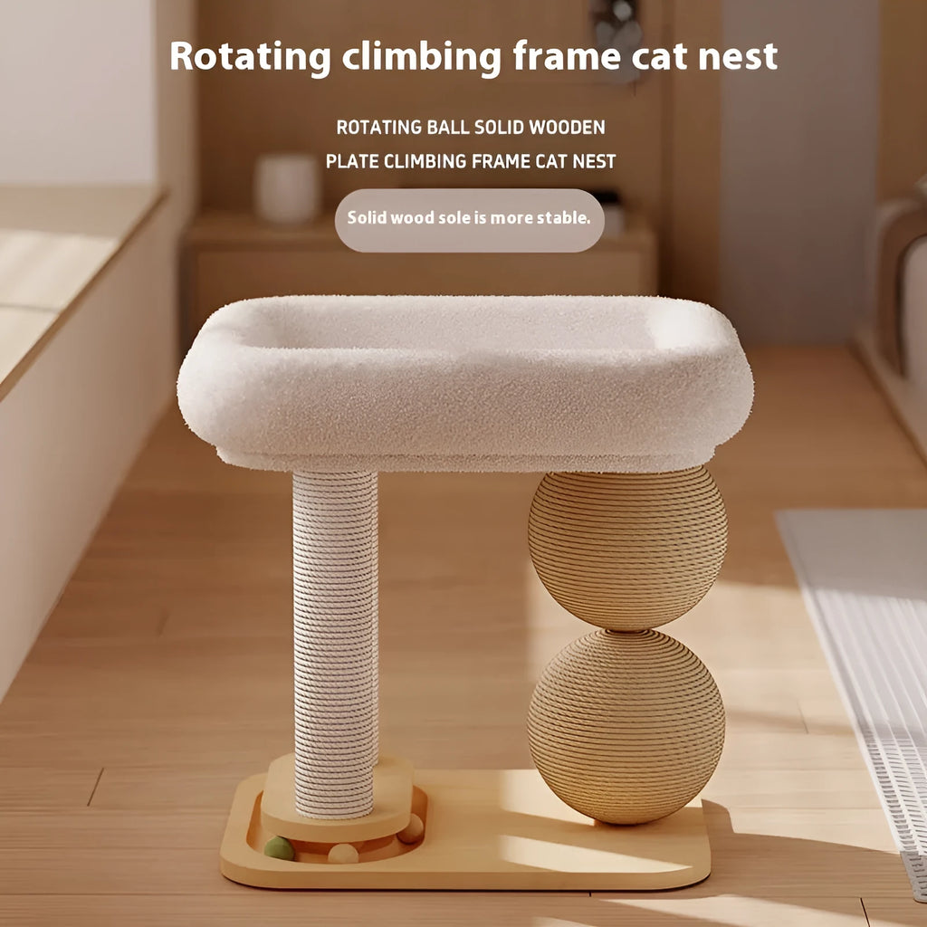 Pine wood cat nest bed with sisal scratching posts and double ball chamfer design