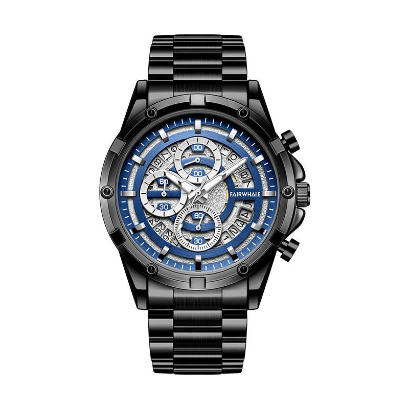 Men's waterproof luminous quartz watch with a steel belt, shown in black and blue colour variant.