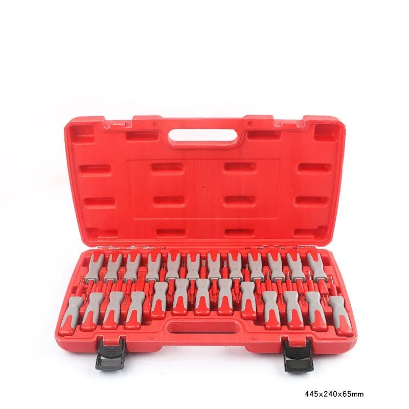 Set of 25 car terminal removal tools and pull-out keys for electrical harness disassembly.