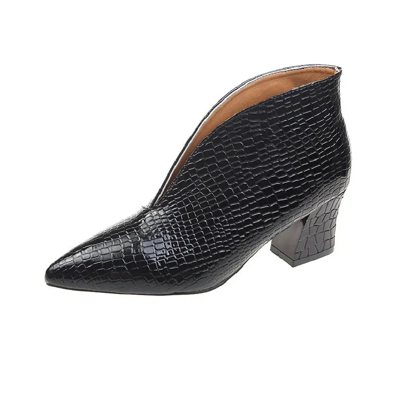 Black women's V-cut pointed ankle boots with an embossed PU upper and a chunky block heel.