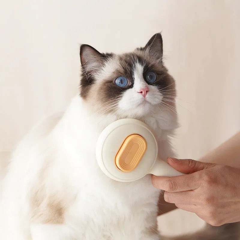 Green cat grooming brush with stainless steel teeth and a removable hair collection tray on a white background.