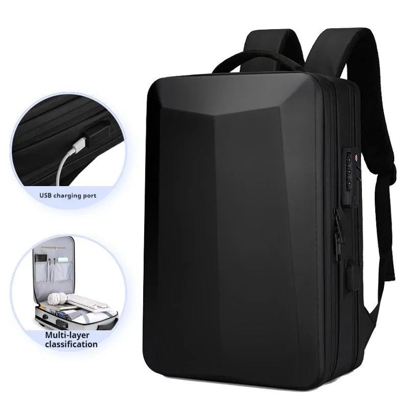 Black and silver white waterproof Oxford cloth business backpack shown in 15-inch and 17-inch size options.