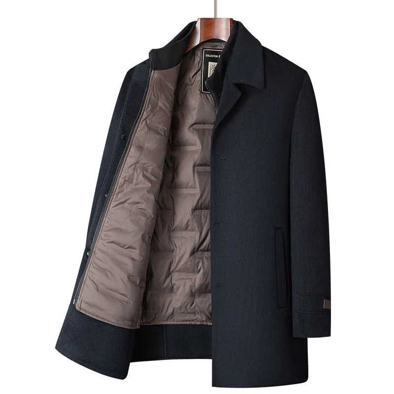 Men's mid-long wool double-faced overcoat with detachable down inner lining, black, visible stitch pockets, slim fit
