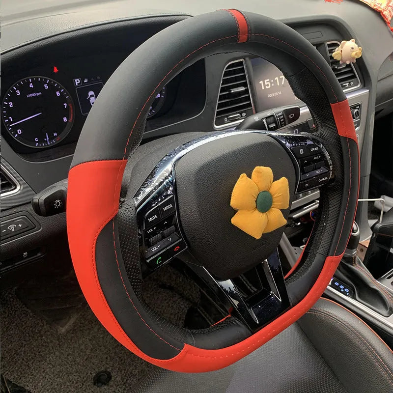 Universal leather steering wheel cover in D-type black design for 38cm steering wheels.