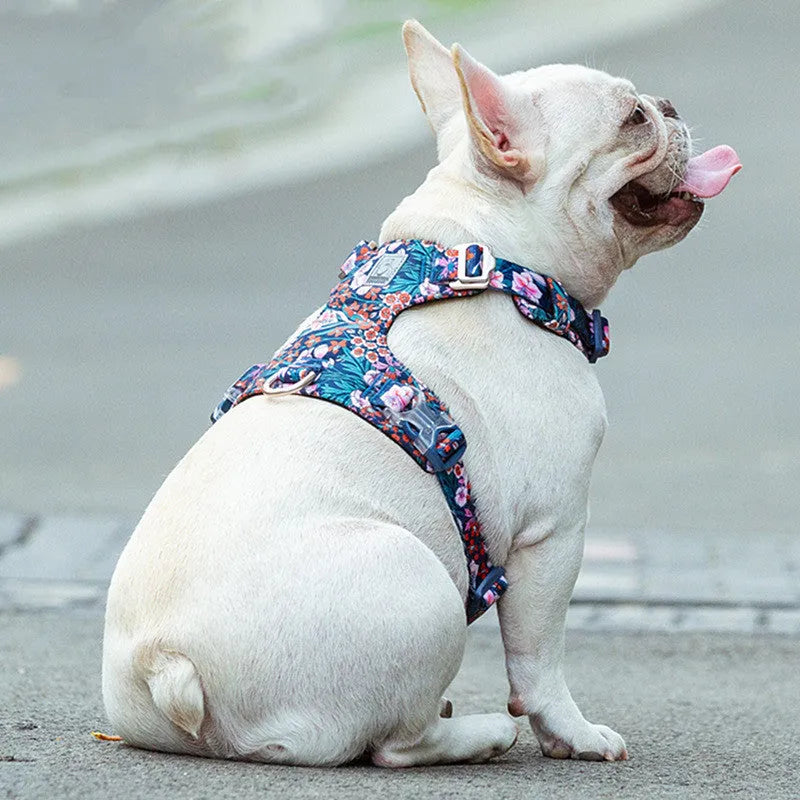 Floral pattern pure cotton dog chest strap harness in red, blue, or green colours