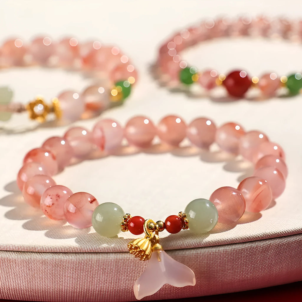 Women's ice floating south red white agate fishtail bracelet with butterfly orchid jade elements