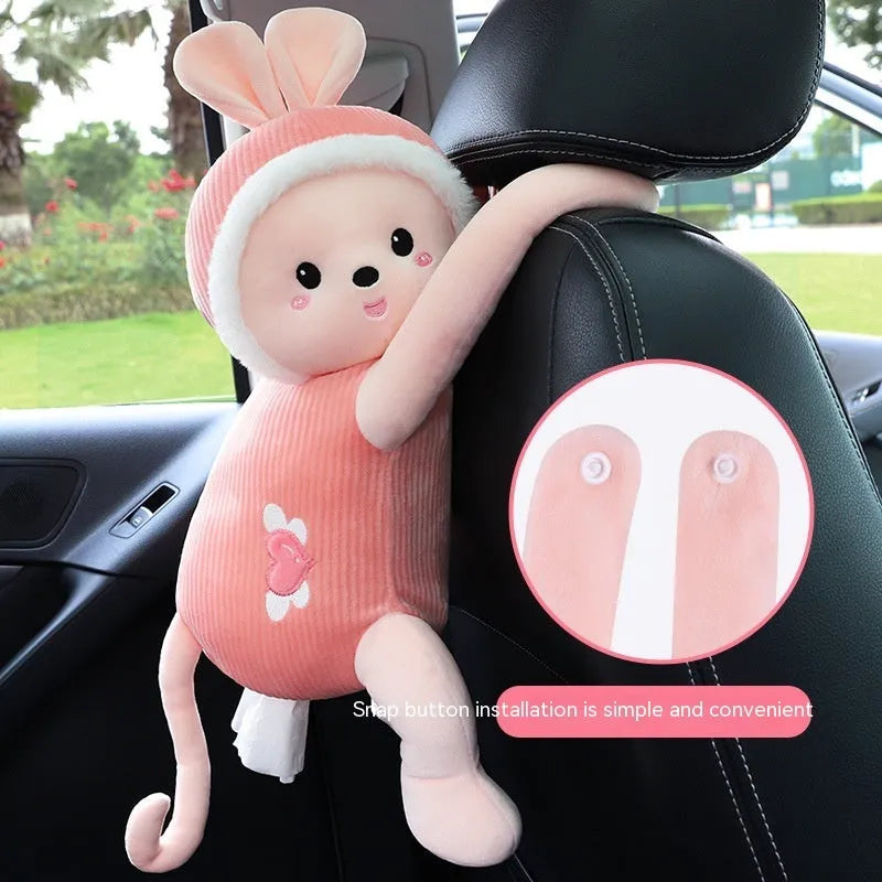 Plush car seat back tissue holder in cute animal design mounted on vehicle headrest