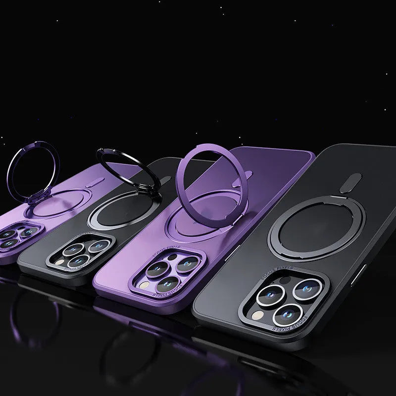 Transparent iPhone case with a built-in fulcrum kickstand and magnetic back, shown in black, grey, purple, and clear colours.