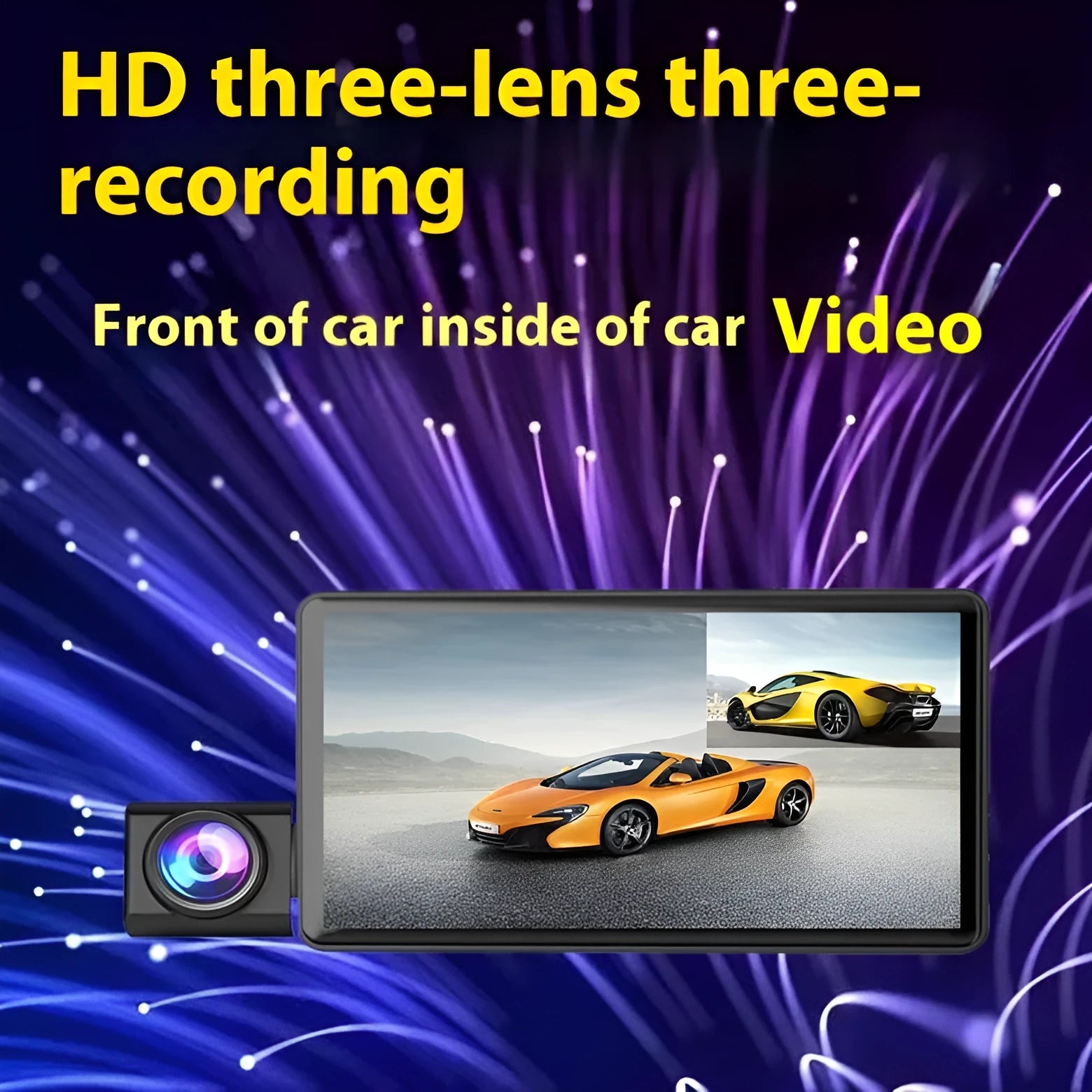 Black three lens dashcam with 4 inch touch screen for front and rear vehicle recording