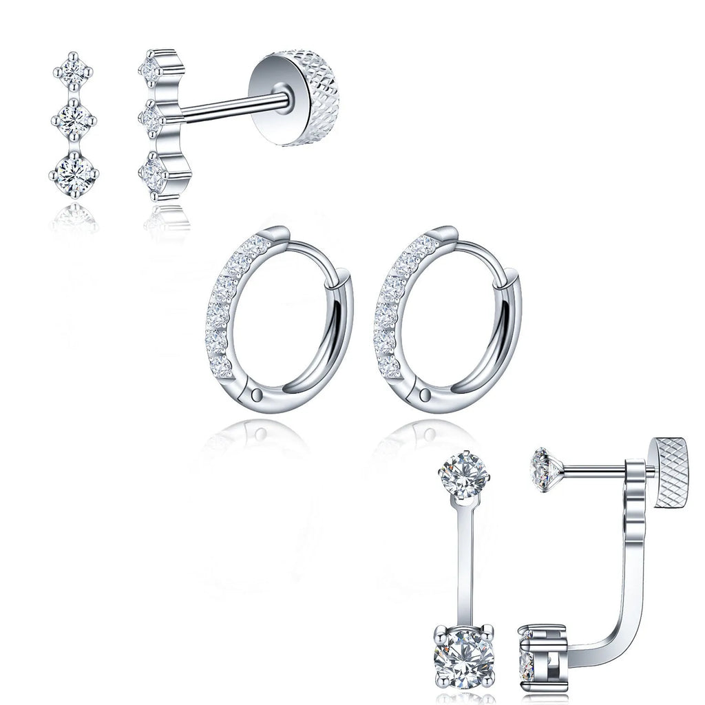 Titanium steel ring-shaped earrings with zircon inlay, geometric round shape, unisex stud earrings set of 3 pairs