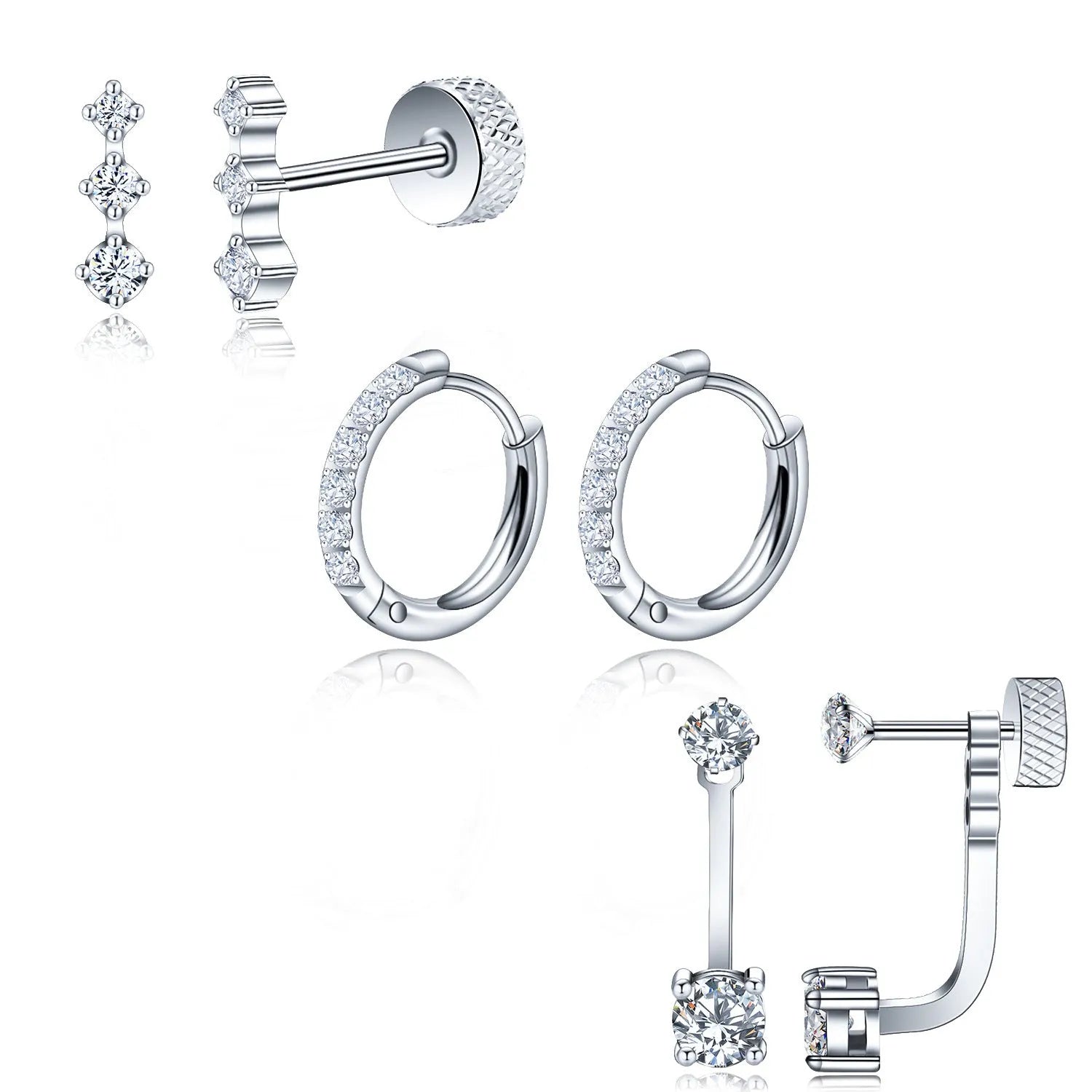 Titanium steel ring-shaped earrings with zircon inlay, geometric round shape, unisex stud earrings set of 3 pairs