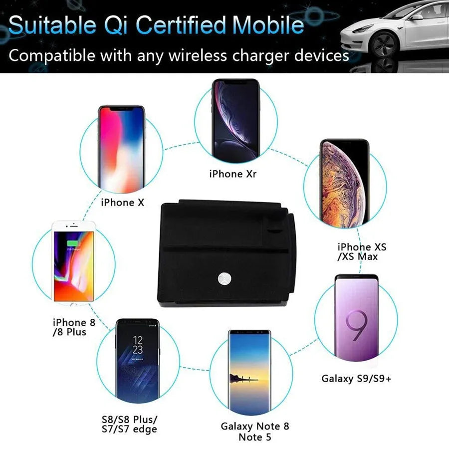 Black ABS plastic QI wireless charging dock and storage box with USB-C port.