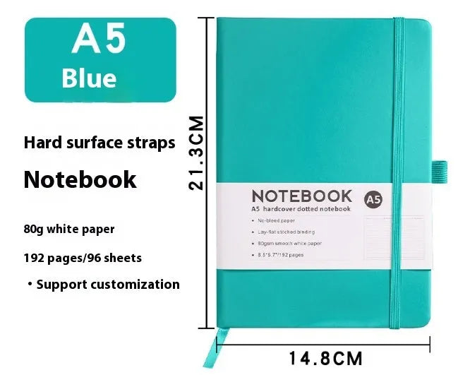 A5 soft touch PU leather notebook open on lined pages, shown in multiple colour options.