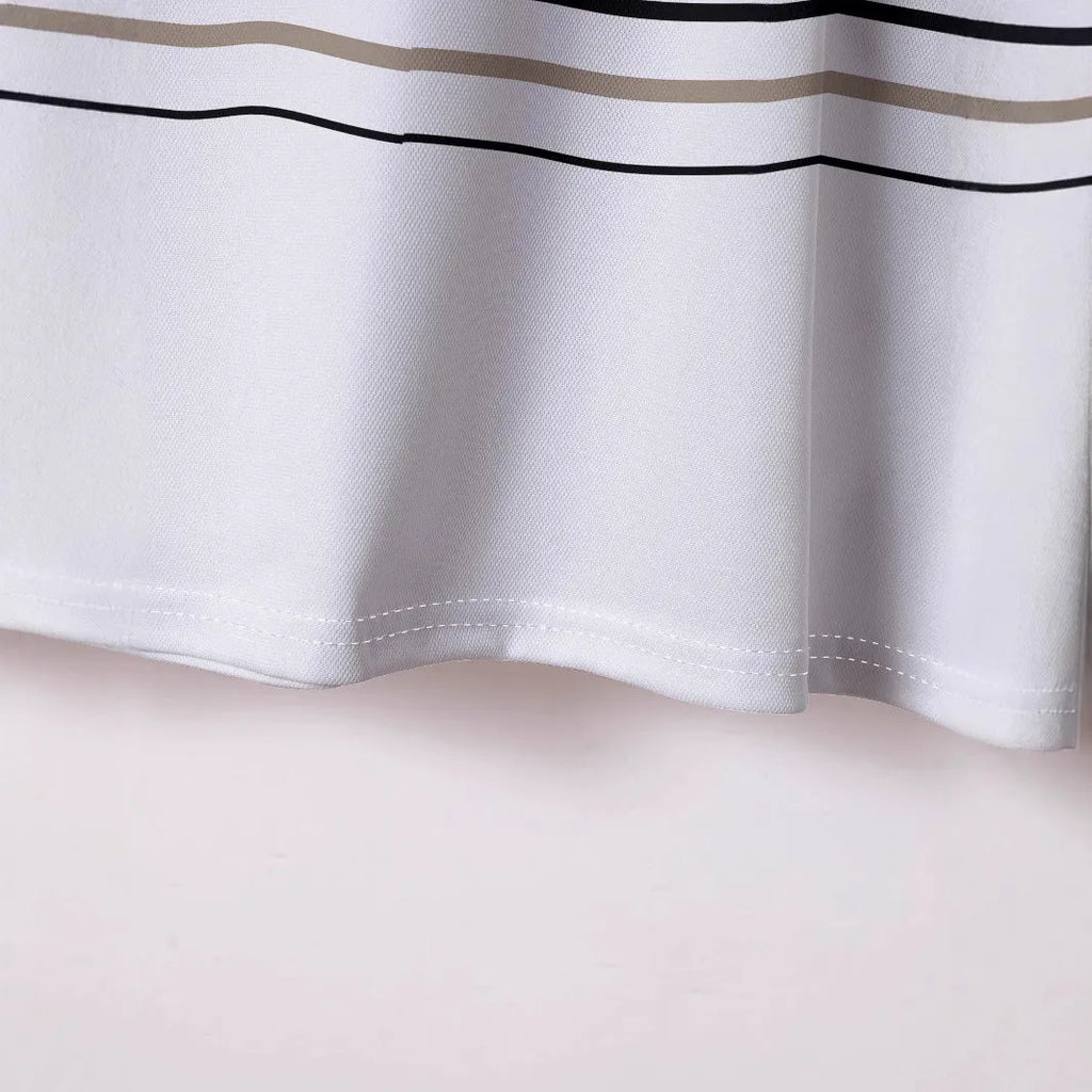 Men's white striped short sleeve polyester t-shirt laid flat showing slim fit style