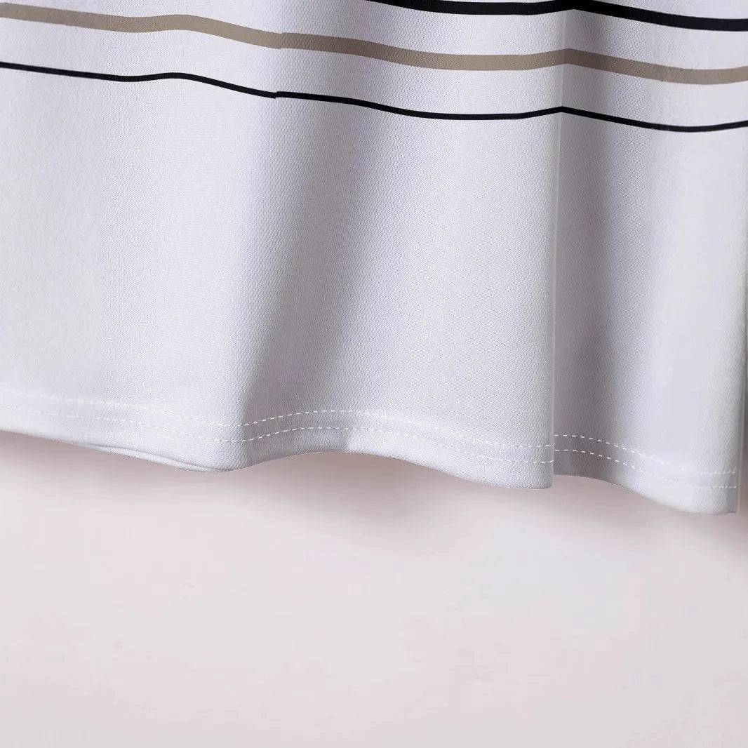 Men's white striped short sleeve polyester t-shirt laid flat showing slim fit style