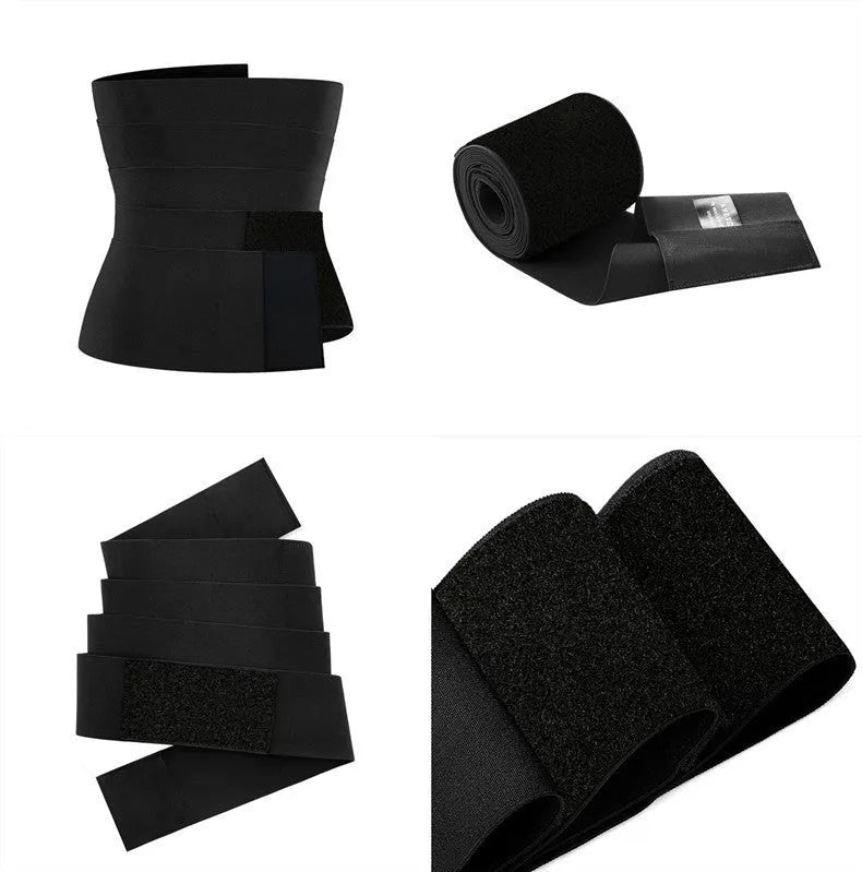 Thin black sports waist belt in nylon and polyester, 3m length, for waist protection and body sculpting