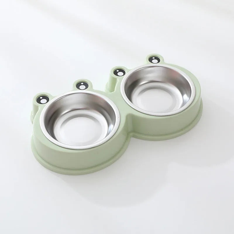 Stainless steel frog design pet bowl with separate food and water compartments in blue, green, and pink colour options