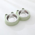 Stainless steel frog design pet bowl with separate food and water compartments in blue, green, and pink colour options