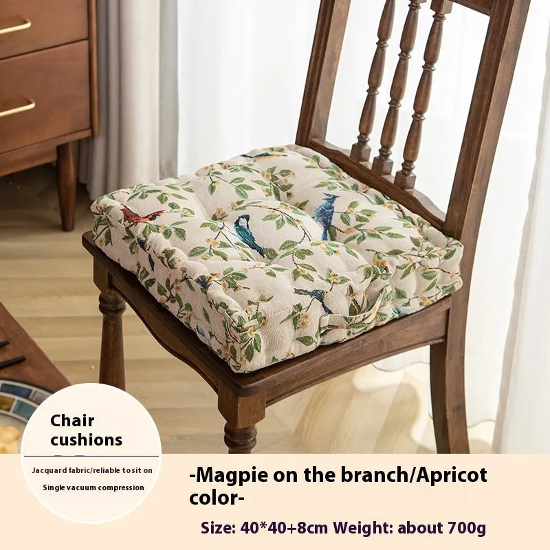 American-style square seat cushion in apricot colour with floral pattern, showing 8cm thickness.