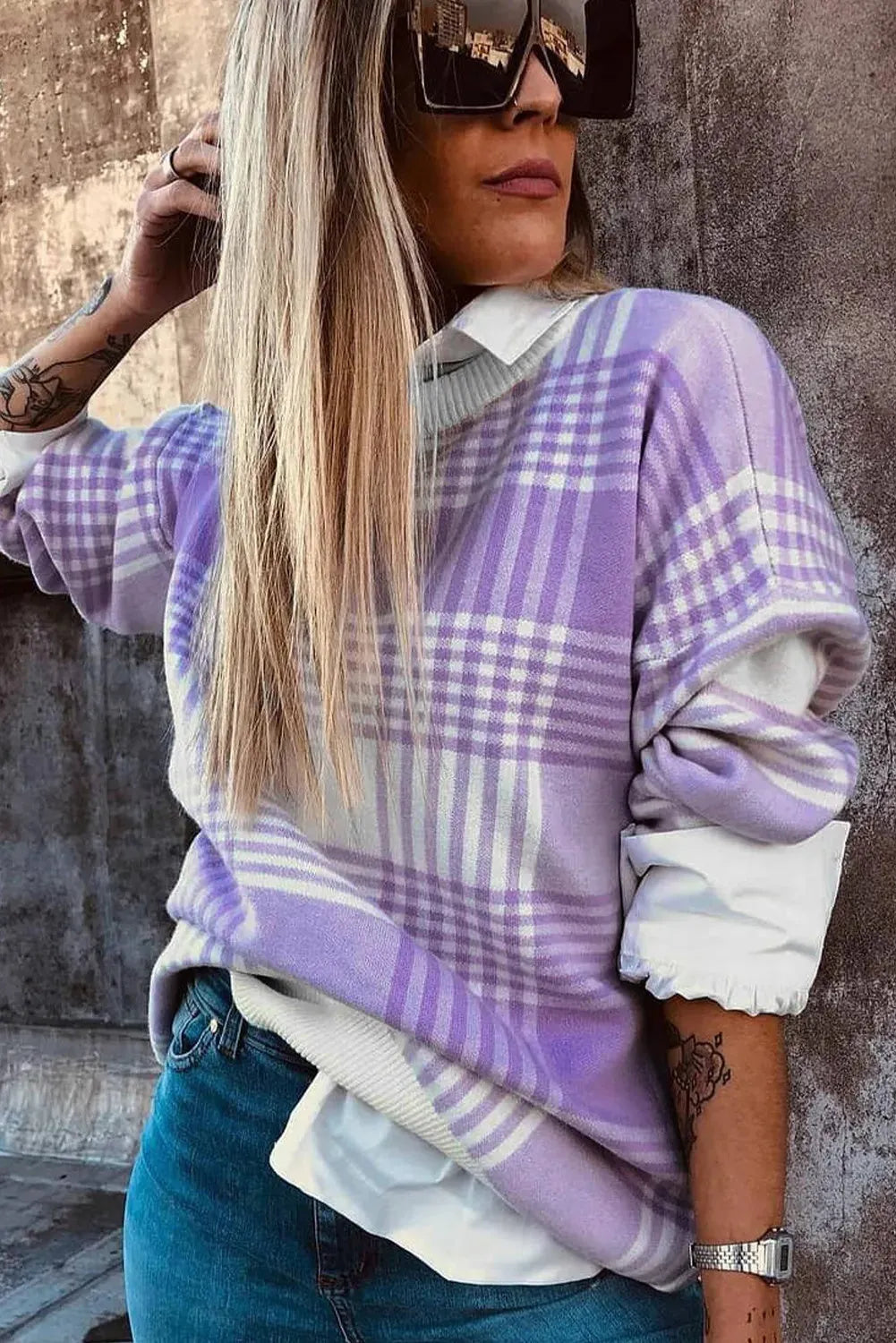 Lilac plaid print loose sweater with ribbed cuffs and long sleeves