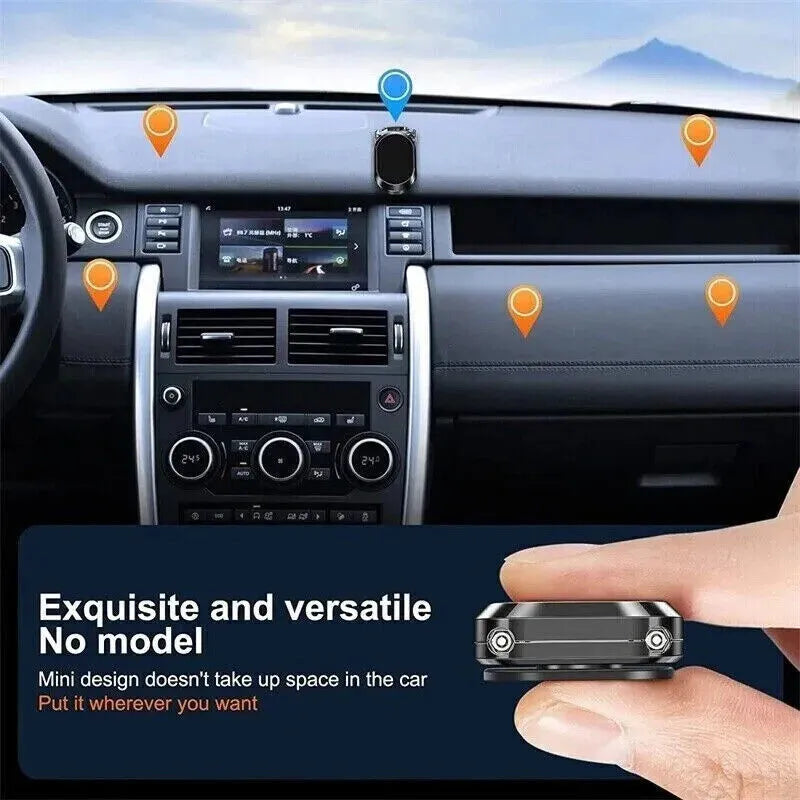 Stainless steel chrome magnetic car phone holder with folded and extended views on a dashboard.