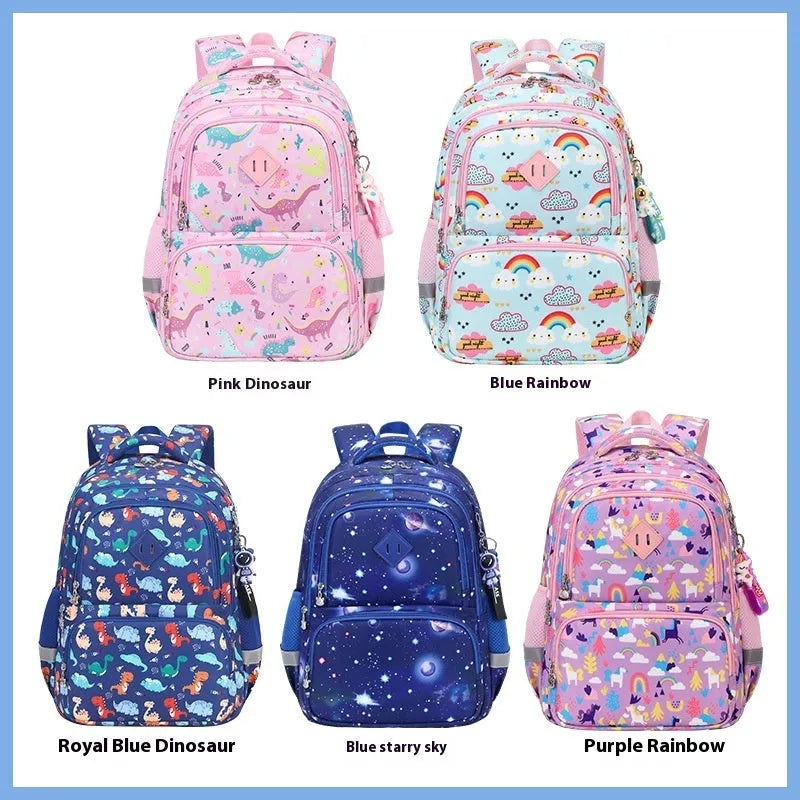Children's blue dinosaur print waterproof school backpack with curved straps on a white background.