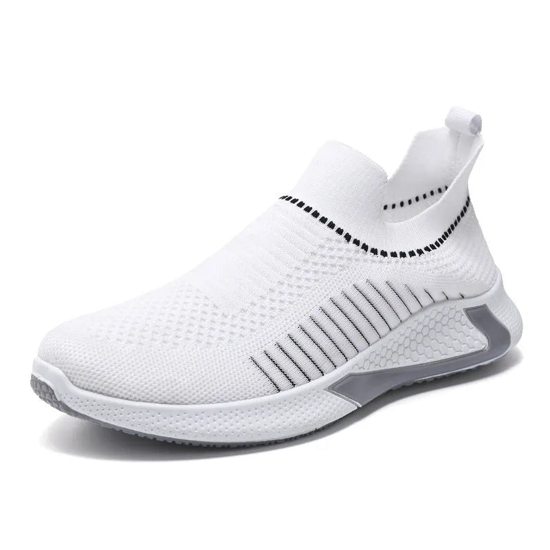 Men's striped mesh sock shoes with flyknit upper and plastic sole in black, black white, or white colour options