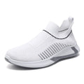Men's striped mesh sock shoes with flyknit upper and plastic sole in black, black white, or white colour options