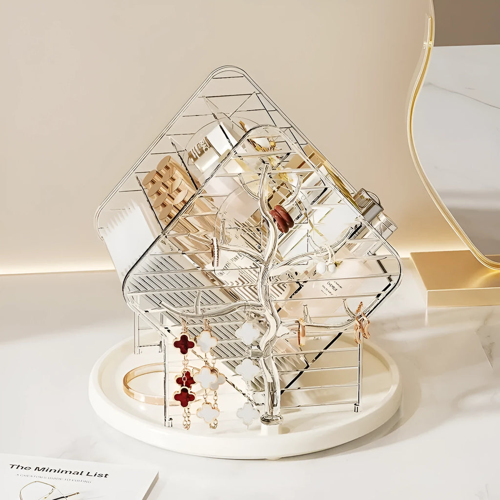A clear and an amber gold rotating plastic cosmetics storage box on a dressing table.