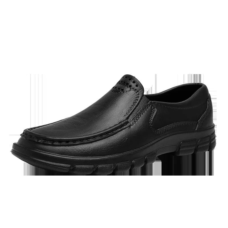 Men's black slip-on work shoes with artificial leather uppers and platform heel design