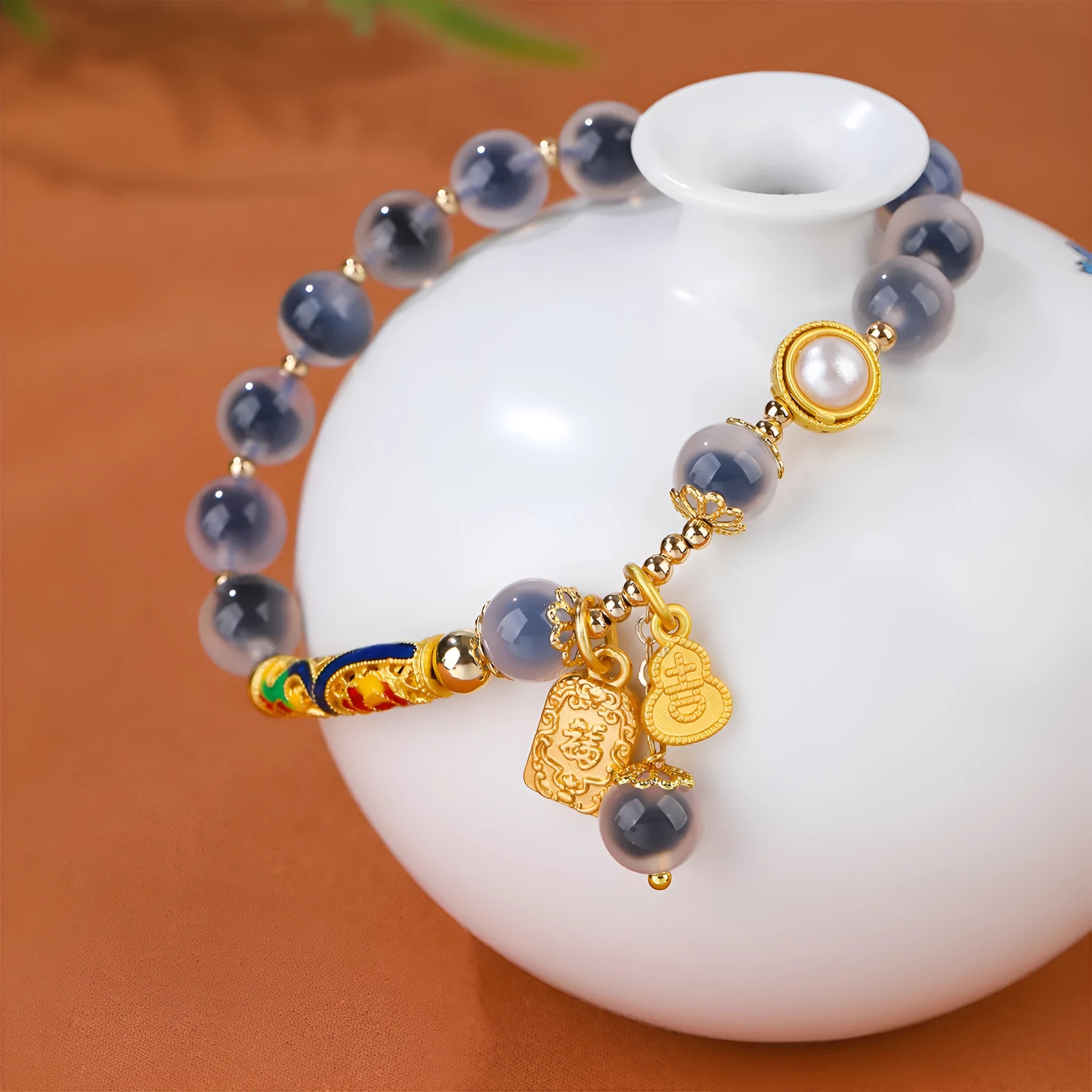 Handmade Sugar Heart Agate bracelet with adjustable cord in ethnic retro style