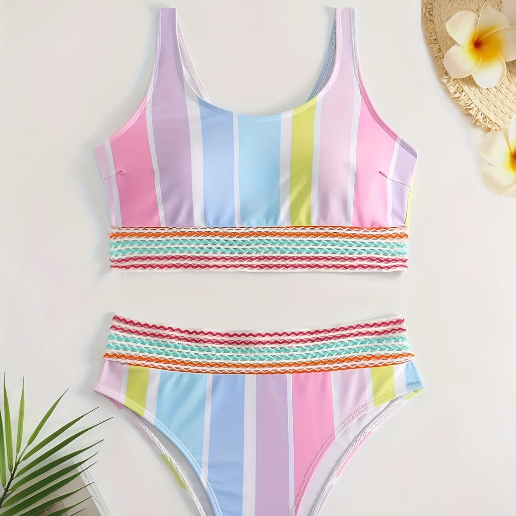Women's striped sports bikini swimwear set in polyester fabric with spandex lining
