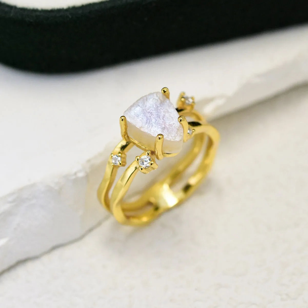 S925 sterling silver irregular triangle moonstone ring in rose gold, white gold, or yellow gold finish.