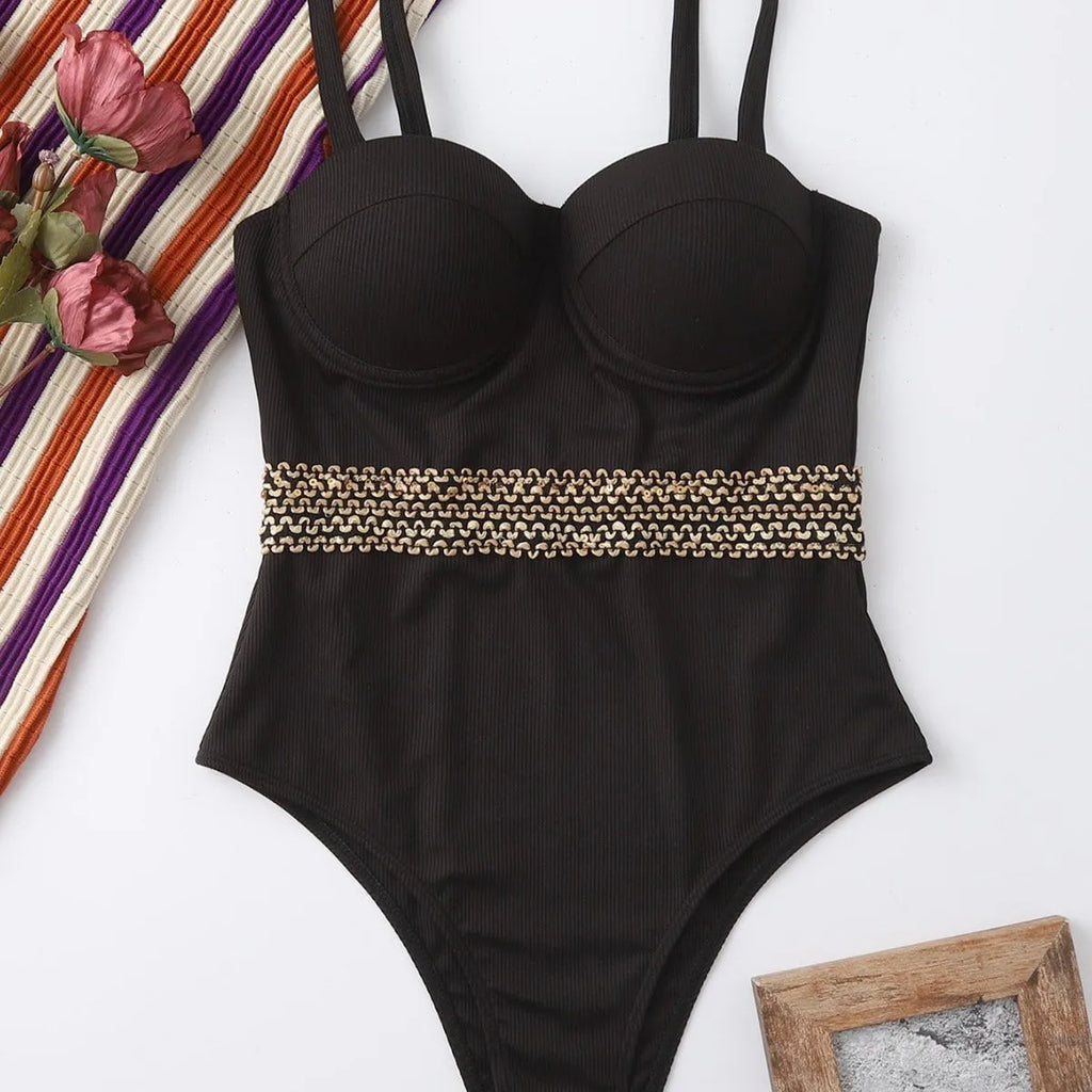 Black women's one-piece swimsuit with adjustable shoulder strap