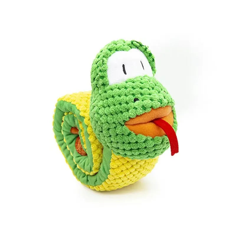 Interactive squeak dog toy in snail shape with thick velvet fabric, unfolds into a stick.