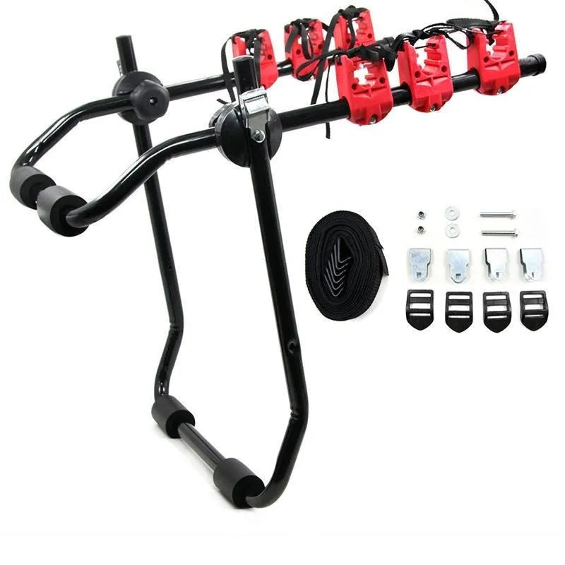 Black and red iron trunk mounted bike rack with protective sponge padding, shown with fastening straps.