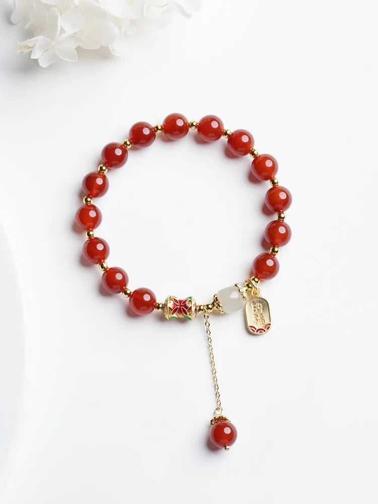 Women's red agate and Hetian jade beads bracelet with gold plating in three design options