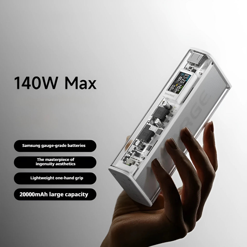 Transparent plastic power bank with 20000mAh capacity showing internal components