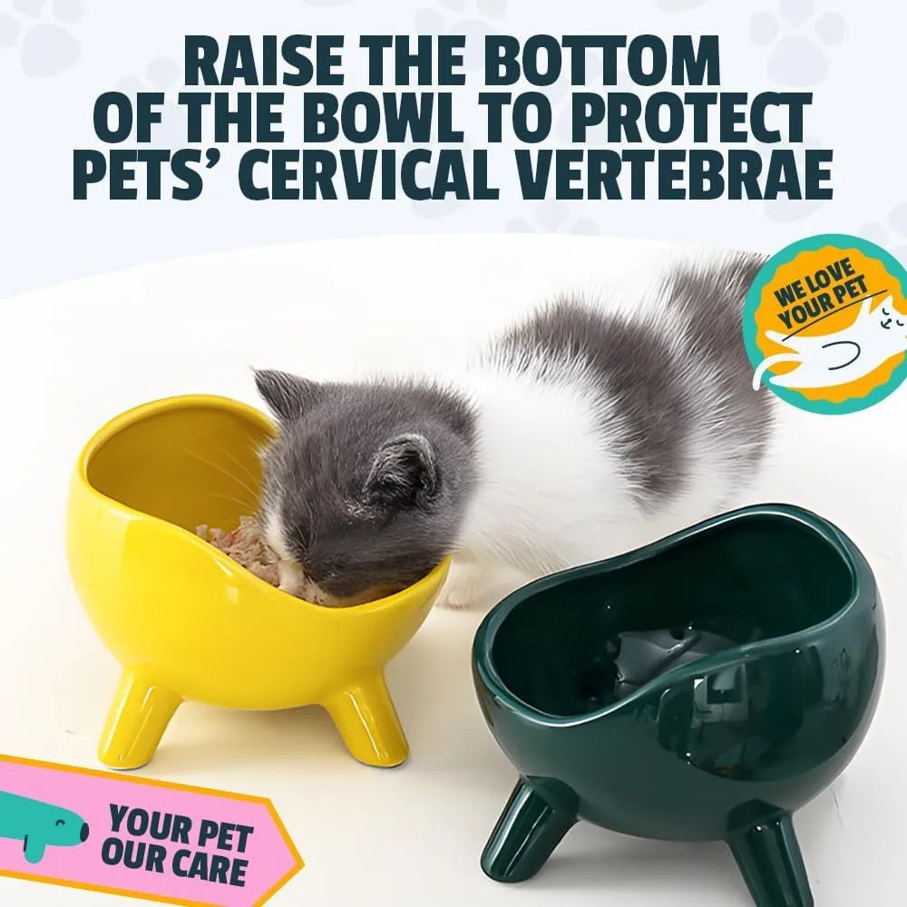 Green ceramic pet bowl with four legs and a rounded rim for stability and spill control.