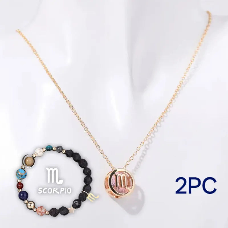 Natural stone beaded necklace and matching bracelet set on a neutral background.