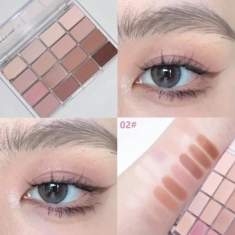 Crouching Silkworm 16-colour eyeshadow palette showing pink and brown shimmer and matte shades