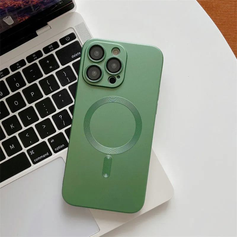 Aluminium alloy magnetic phone case showing dark purple colour with nickel piece and lens protection design