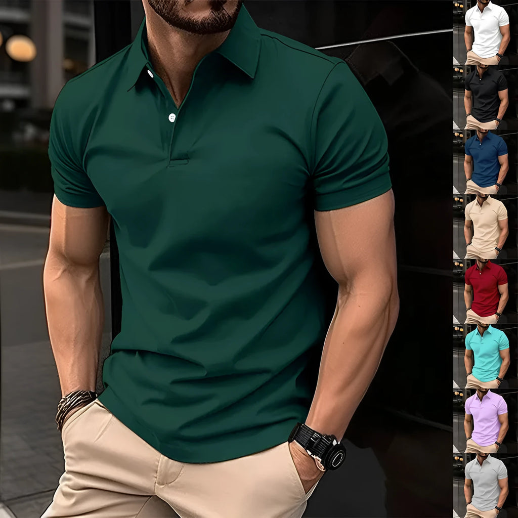 Man wearing a solid colour short sleeve polo shirt with a button lapel collar for summer casual wear.