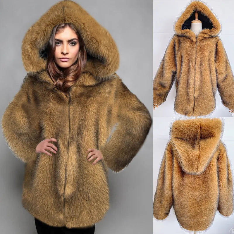 Women's silver grey artificial fur mid-length coat with regular sleeves on a hanger