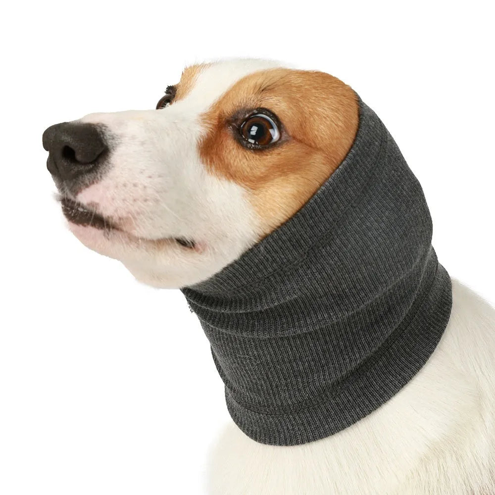 Blue and grey polyester dog comforter headband scarf shown in three adjustable sizes for canine companions