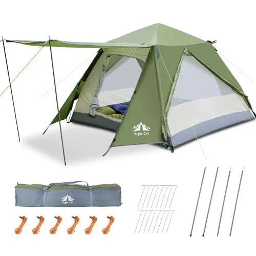 Dark green automatic two-person camping tent showing dimensions and waterproof features